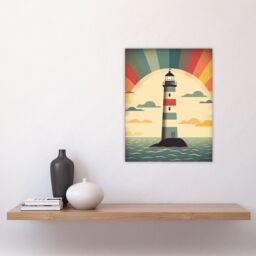 Artery8 Retro Lighthouse Bathroom Art Sunrise Mid Century Modern Flat Vintage Style Unframed Wall Art Print Poster Home Decor Premium - thumbnail 4