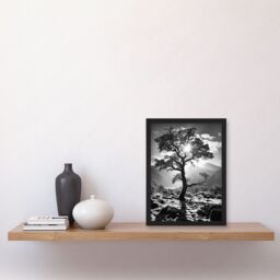 Artery8 Wall Art Print Frozen Tree Outline in Mountain Forest Landscape Covered in Snow Black & White Photograph Winter Sunshine Artwork Framed A4 - thumbnail 2