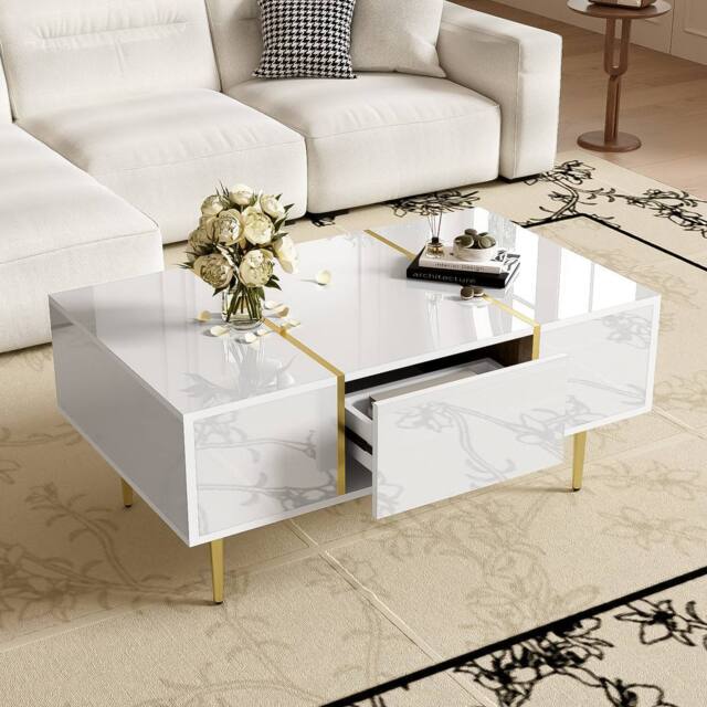 BTM Modern White High Gloss Coffee Table with 2 Drawers - image 1