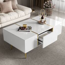 BTM Modern White High Gloss Coffee Table with 2 Drawers - thumbnail 4