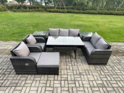 Fimous Dark Grey PE Wicker Rattan Garden Furniture Set Reclining Chair Love Sofa 2 Seater Sofa Set Outdoor Rectangular Dining Table Big Footstool - thumbnail 1
