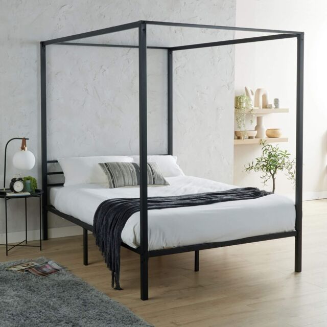 Home Source Sierra Modern Metal Canopy Bed 4 Poster Black Frame Home Bedroom - Size: Double - image 1