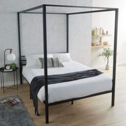 Home Source Sierra Modern Metal Canopy Bed 4 Poster Black Frame Home Bedroom - Size: Double - thumbnail 2