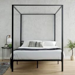 Home Source Sierra Modern Metal Canopy Bed 4 Poster Black Frame Home Bedroom - Size: Double - thumbnail 4
