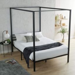 Home Source Sierra Modern Metal Canopy Bed 4 Poster Black Frame Home Bedroom - Size: Double - thumbnail 3