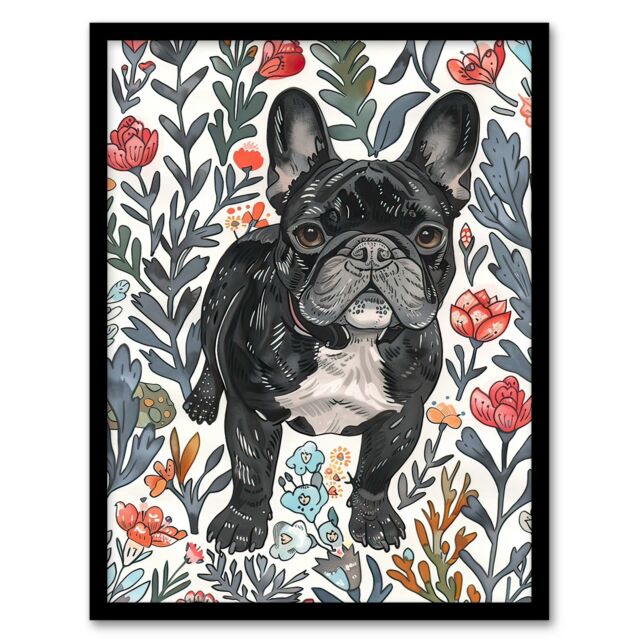 "Artery8 Cute French Bulldog in Flower Garden Dog Lover Framed Wall Art - Size: W12"" x H16""" - image 1