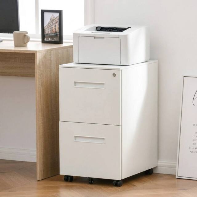 STILVORA Lockable 2-Drawer Filing Cabinet with Wheels in White - image 1
