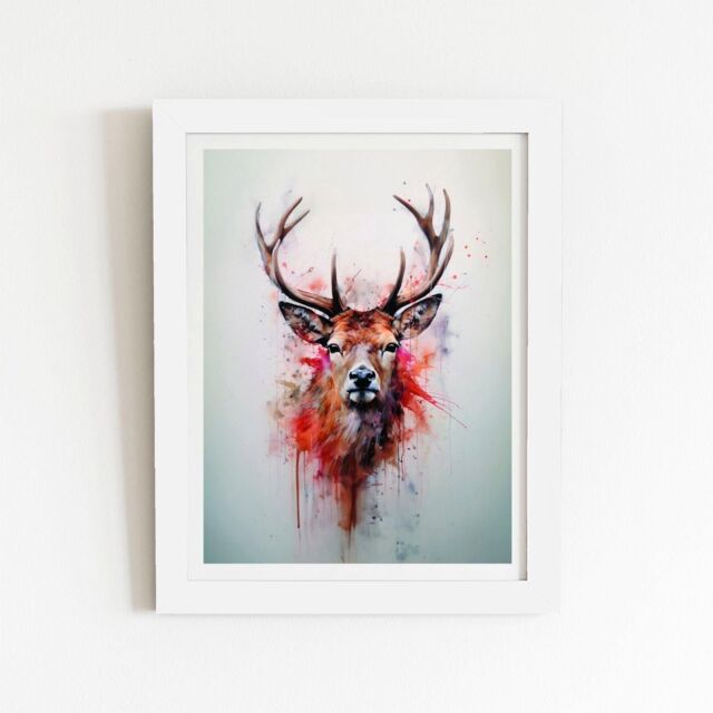 "Warren Reed - Designer Watercolour Splashart Stag Face Framed Art Print in White - Size: W24"" x H36""" - image 1