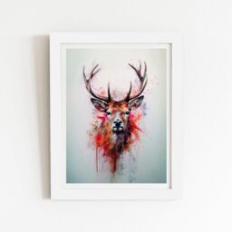 "Warren Reed - Designer Watercolour Splashart Stag Face Framed Art Print in White - Size: W24"" x H36""" - thumbnail 1