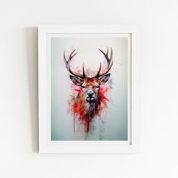 "Warren Reed - Designer Watercolour Splashart Stag Face Framed Art Print in White - Size: W24"" x H36""" - thumbnail 2
