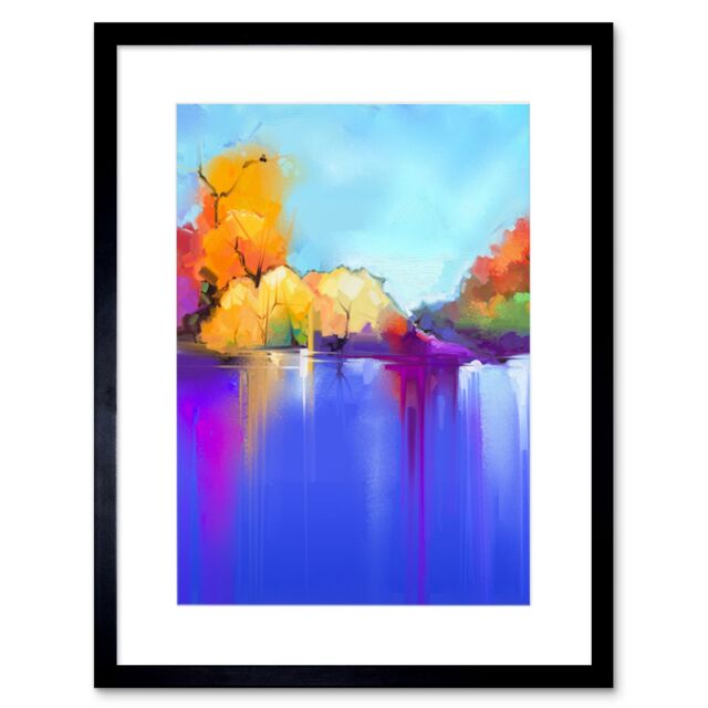 "Artery8 Wall Art Print Autumn Lake Landscape Art Framed 9x7 inch in Black - Size: W7"" x H9""" - image 1