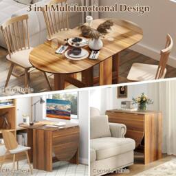 Costway Folding Dining Table 3-in-1 Drop Leaf Table Expandable Writing Desk in Brown - thumbnail 6