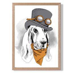 ARTZE Steam Punk Hound Dog Sketch Framed Print SIZE: A3 with Oak Frame in Orange