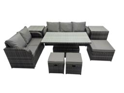 Fimous Rattan Garden Furniture Set 8-seater with 3 Footstools 2 Side Tables in Dark Grey - thumbnail 1