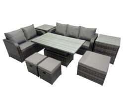 Fimous Rattan Garden Furniture Set 8-seater with 3 Footstools 2 Side Tables in Dark Grey - thumbnail 2