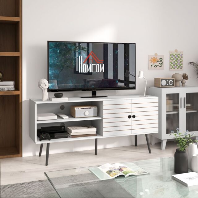 HOMCOM TV Stand Cabinet for TVs with Open Shelves, Soft-close Door, Cable Holes in White - image 1