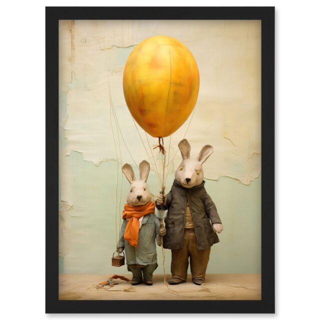 Artery8 Wall Art Print Cute Nursery Artwork Rabbits & Balloon Adventure Oil Painting Artwork Framed A4 in Black - image 1