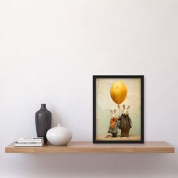 Artery8 Wall Art Print Cute Nursery Artwork Rabbits & Balloon Adventure Oil Painting Artwork Framed A4 in Black - thumbnail 2