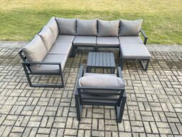 Fimous 8 Seater Aluminium Garden Furniture Set Outdoor Lounge Corner Sofa Chair Square Coffee Table Sets with Big Footstool Dark Grey - thumbnail 1
