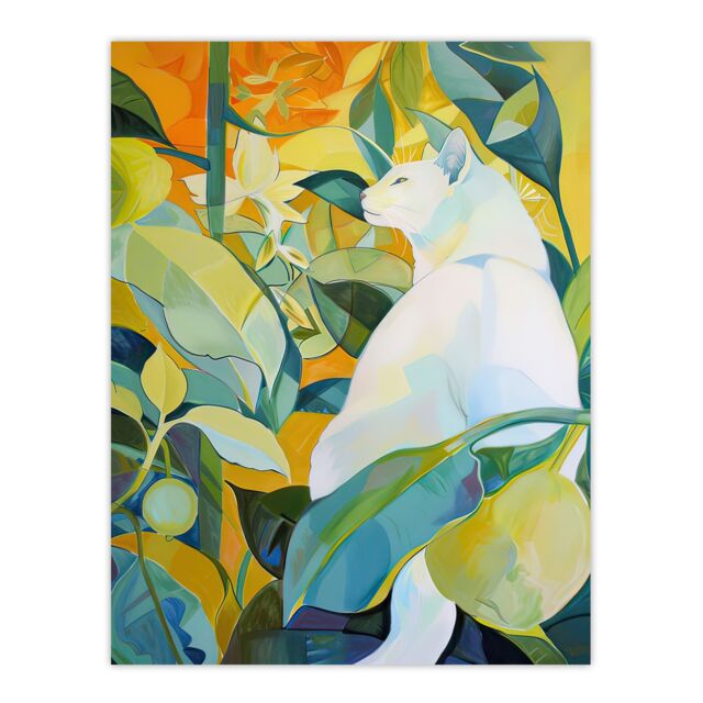 "Artery8 Zen Pet White Cat Lover Garden Leaves Painting Wall Art Print in Green - Size: W18"" x H24""" - image 1
