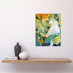"Artery8 Zen Pet White Cat Lover Garden Leaves Painting Wall Art Print in Green - Size: W18"" x H24""" - thumbnail 4