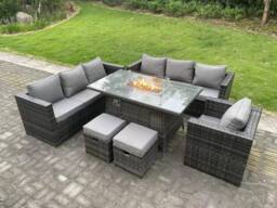 Fimous Rattan Garden Furniture Sofa Set Outdoor Patio Gas Fire Pit Dining Table Gas Heater Burner Small Stools in Dark Grey - thumbnail 3