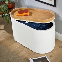 Home Source Storage Ottoman Reversible Lid Table Boucle Teddy Fur Home Box in White - thumbnail 1