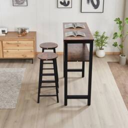 KORVIXA Kitchen Dining Breakfast Bar Table Set Wood Top Metal Frame 2 Stools in Brown - Size: 100 cm x 100 cm - thumbnail 3