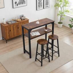 KORVIXA Kitchen Dining Breakfast Bar Table Set Wood Top Metal Frame 2 Stools in Brown - Size: 100 cm x 100 cm - thumbnail 5