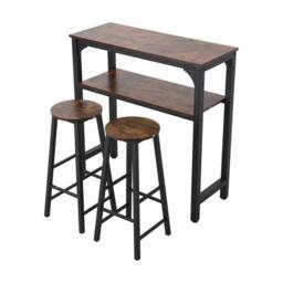 KORVIXA Kitchen Dining Breakfast Bar Table Set Wood Top Metal Frame 2 Stools in Brown - Size: 100 cm x 100 cm - thumbnail 1