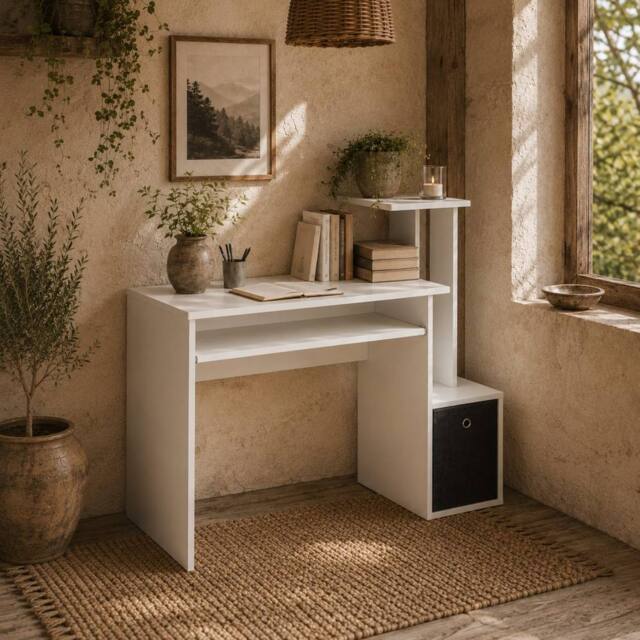 Wyld Haus Tono 100cm White Home Office Desk Sliding Keyboard Tray & Fabric - image 1