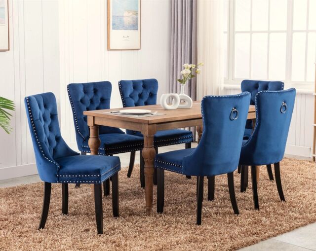 HomeTouch Taylor Set of 6 Lux Blue Velvet Upholstered Kitchen Dining Chairs with Pull Knocker Back - Size: 6 Pack - image 1