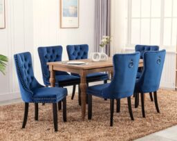 HomeTouch Taylor Set of 6 Lux Blue Velvet Upholstered Kitchen Dining Chairs with Pull Knocker Back - Size: 6 Pack