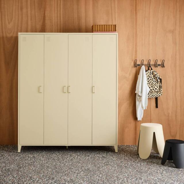 sweeek Industrial metal wardrobe for bedroom, 4 doors, 10 shelves, 1 hanging in Beige - image 1