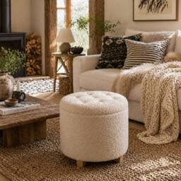 Wyld Haus Fimi Boucle Cream White Storage Ottoman Round Teddy Fleece