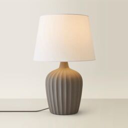 ValueLights Serena Natural Tapered Linen Lamp Shade Ribbed Ceramic Table Lamp with LED Bulb in Grey - thumbnail 6