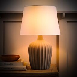 ValueLights Serena Natural Tapered Linen Lamp Shade Ribbed Ceramic Table Lamp with LED Bulb in Grey