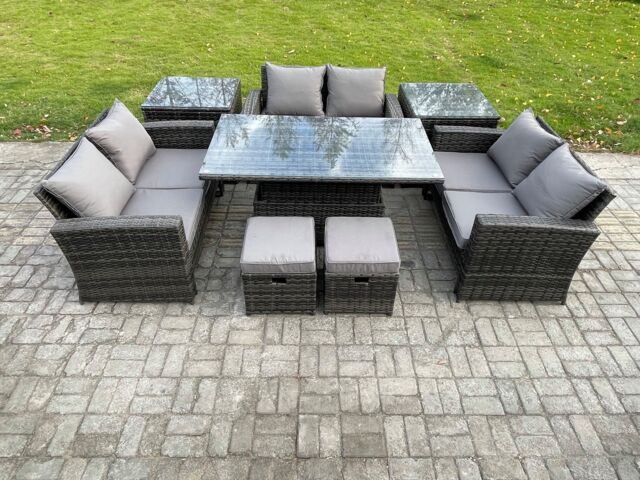 Fimous Wicker PE Rattan Garden Furniture Set Height Adjustable Rising Lifting Table Sofa Dining Set with Double Seat Sofa in Dark Grey - image 1