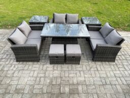 Fimous Wicker PE Rattan Garden Furniture Set Height Adjustable Rising Lifting Table Sofa Dining Set with Double Seat Sofa in Dark Grey - thumbnail 1