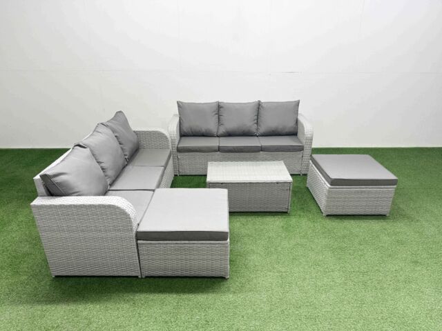 Fimous Outdoor Garden Furniture Sets 8 Seater Wicker Rattan Furniture Sofa Sets w/ Rectangular Coffee Table high Back Lounge Sofa 2 Big Footstool - image 1
