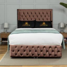 UK Bed Furniture Kingston End Lift Divan Ottoman Bed with 54 Inch Tall Headboard in Brown - Size: King