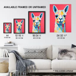 Artery8 Wall Art Print Pink Drama Llama Colourful Graphic Painting Quirky Animal Portrait with Geometric Patterns Artwork Framed - Size: A4 - thumbnail 3