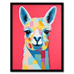 Artery8 Wall Art Print Pink Drama Llama Colourful Graphic Painting Quirky Animal Portrait with Geometric Patterns Artwork Framed - Size: A4 - thumbnail 1