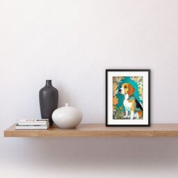 "Artery8 Wall Art Print Beagle Dog With Floral Frame & Ornate Fur Coat Colourful Modern Art Nouveau Artwork Framed 9X7 Inch in Black - Size: W7"" x H9""" - thumbnail 2