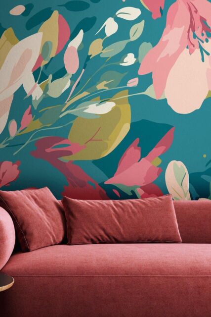 Origin Murals Flowing Flowers Wall Mural in Teal - Size: W350 cm x H280 cm - image 1