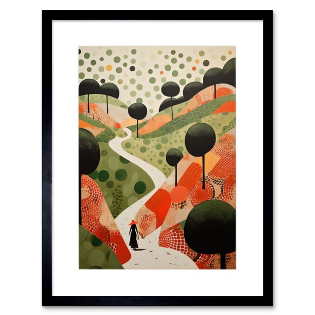 Artery8 Wall Art Print Walk on the Countryside Hill Path Folk Art Oil Painting Red Orange Green Abstract Landscape Artwork Framed 9X7 Inch - image 1