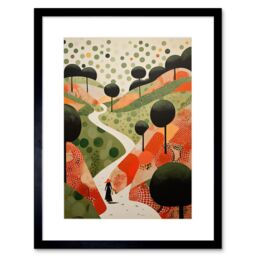 Artery8 Wall Art Print Walk on the Countryside Hill Path Folk Art Oil Painting Red Orange Green Abstract Landscape Artwork Framed 9X7 Inch - thumbnail 1