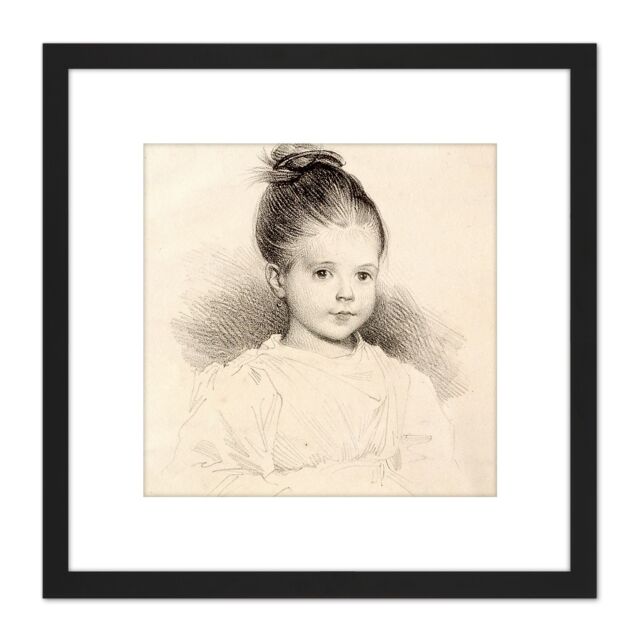 Artery8 Deveria Marie Clerambault Child Portrait Drawing 8X8 Inch Square Wooden Framed Wall Art Print Picture with Mount in Black - image 1