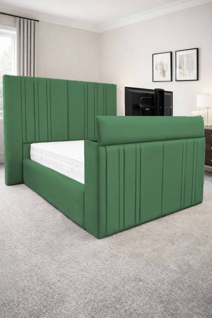 PARADISE BEDS LTD Smart Screen Velvet Upholstered Smart TV Bed Frame - Plush Velvet in Dark Green - Size: King - image 1