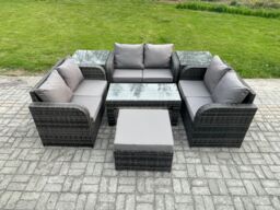 Fimous 7 Seater Rattan Garden Furniture Set Indoor Outdoor Patio Sofa Set with Coffee Table Love seat Sofa 2 Side Tables Big Footstool Dark Grey Mixed - thumbnail 1